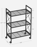 SONGMICS 3-Tier Metal Storage Rack with Wheels, Mesh Shelving Unit with X Side Frames, 23.6-Inch Width, for Entryway, Kitchen, Living Room, Bathroom, Industrial Style, Black UBSC163B01