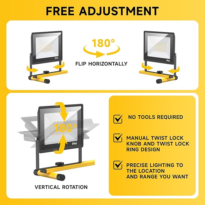 TOPRATED Plug In Led Work Light with Stand,28000 Lumen 110V 4 Adjustable Head Outdoor Flood Lights,Foldable Mechanic Light with 16.5Ft Power Cord,Portable Waterproof Tripod with Lamp for Workbench