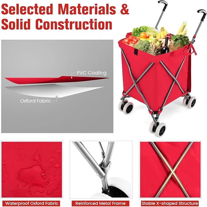 GOFLAME Folding Shopping Cart on Wheels, Waterproof Grocery Cart with Removable Cover and 360° Swiveling Wheels, Collapsible Utility Cart for Groceries and Laundry, 120LBS Load Capacity, Red
