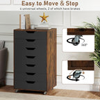 LOKO 7-Drawer Storage Cabinet, Versatile Drawer of Chest with Lockable Wheels, Mobile Office Lateral File Cabinet, for Home Office, Study (Rustic Brown + Black, 16" D x 19.5" W x 34.5" H)
