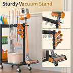 Broom Holder with Cleaning Supplies Organizer Load 350 LBS Cleaning Cart with Wheels Broom Closet Storage with 3-Tier Shelves, 6 Mop Hanger Grippers, 3 Double-Hooks, Vacuum Stand for Laundry Garage