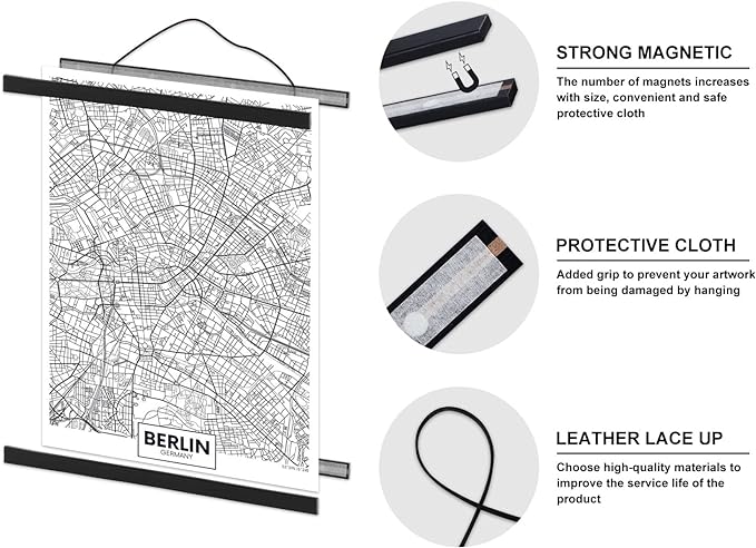 Poster Frame Frames, Magnetic Light Wood Wooden Poster Hangers Hanger Hanging Kit for Canvas Artwork Art Print (140cm /55",Black)