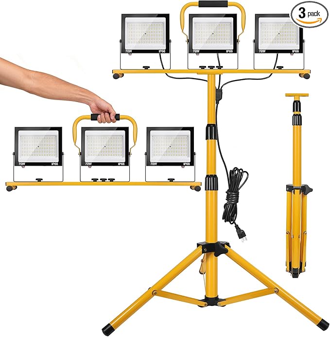 21000Lumen LED Work Lights with Stand, 3 Head Portable Work Light with 16ft Cord, Ip66 Waterproof Tripod Outdoor Work Light for Job Site Workshop Garage Construction Lights