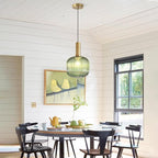 KCO Lighting Vintage Green Glass Pendant Light Kitchen Island Lighting Farmhouse Ribbed Glass Pendant Lighting Large Globe Pendant Light Fixture Brass Gold Single Ceiling Hanging Light