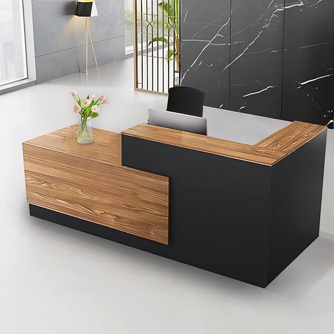 L Shaped Reception Desk with Lockable Drawer and Cable Grommets Front Desk Retail Checkout Counter Table for Salon Lobby Shop Office Reception Room Wood and Black Left 71inch/180cm