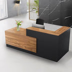 L Shaped Reception Desk with Lockable Drawer and Cable Grommets Front Desk Retail Checkout Counter Table for Salon Lobby Shop Office Reception Room Wood and Black Left 71inch/180cm