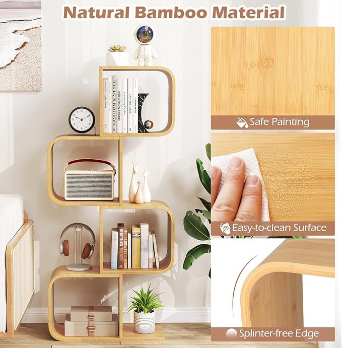 Giantex S-Shaped Bookcase, 4-Tier Bamboo Bookshelf with 4 Open Cubes, Geometric Corner Display Shelf, Decorative Storage Organizer, Floor Storage Rack for Living Room, Home Office, Natural