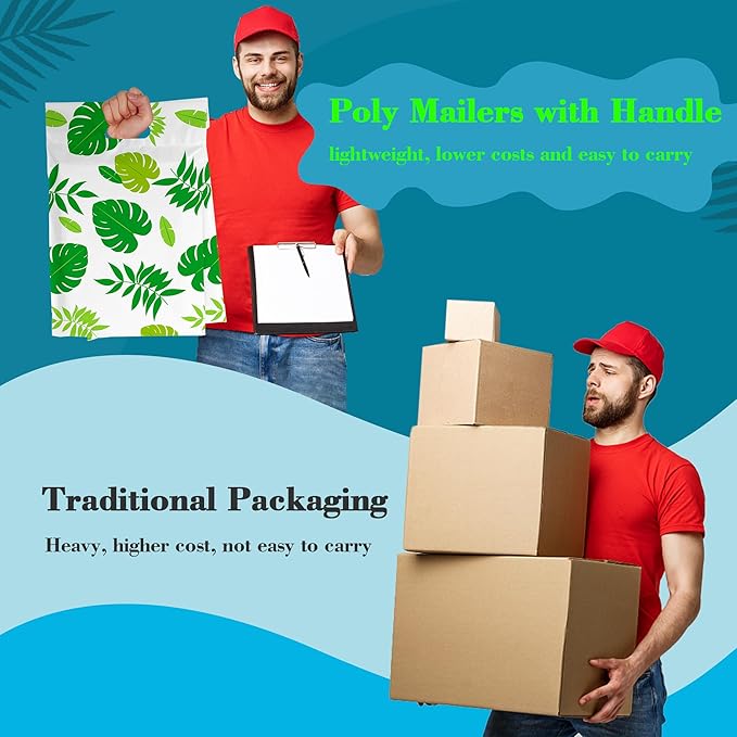 JinRuiKJ Poly Mailers with Handle 10x13 Inch 25 Pcs, Easy to Carry Packaging Bags for Small Business, Thank You Shipping Bags with Self Adhesive Strip, Tearproof and Waterproof - Trpoical Leaves