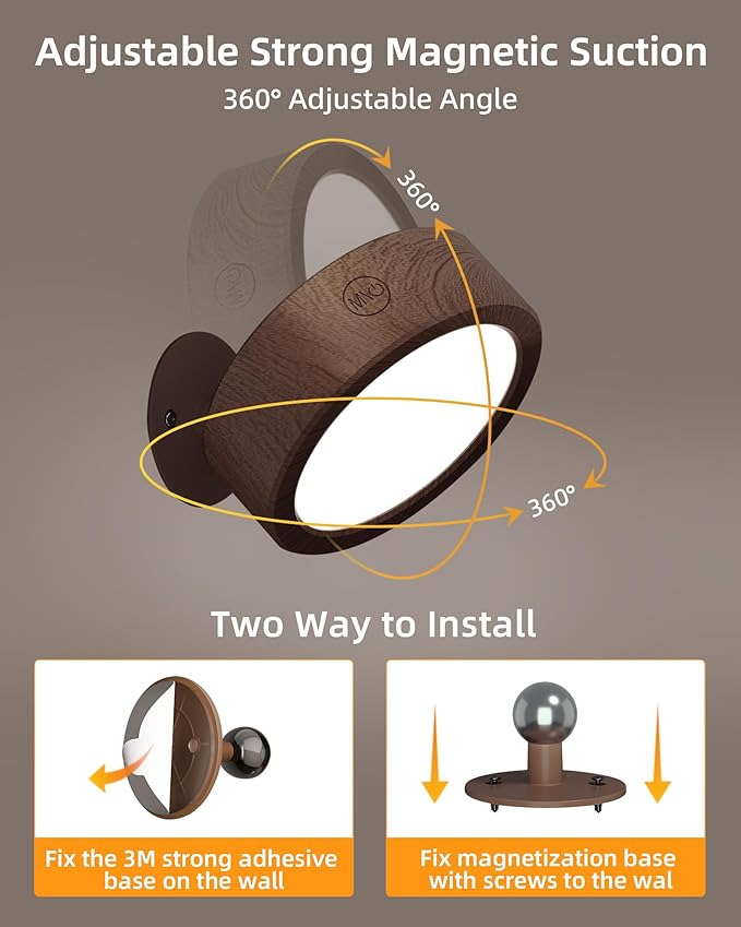 EZVALO LED Wall Mounted Lights, 5500mAh Rechargeable Wall Sconces Lamp, 3 Color Temps & Remote and Touch Control, 360°Rotation Dimmable Cordless Wall Light for Bedroom Reading Study (3 Pack Walnut)
