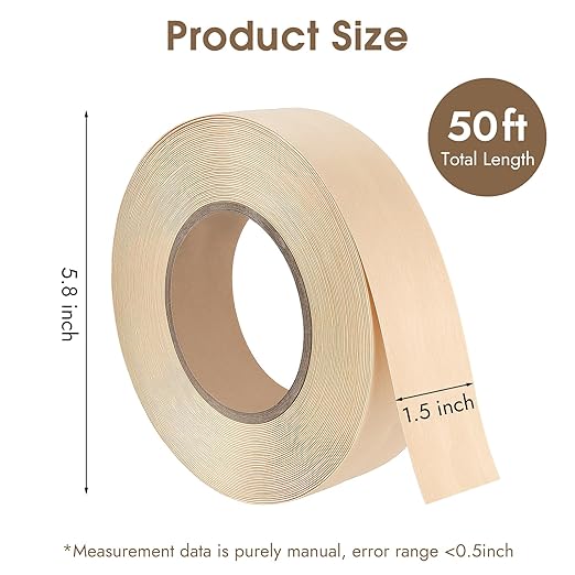 BEVTEE Birch Edge Banding, 1.5 Inch x 50 ft Wood Veneer Roll Pre-glued, Flexible Birch Iron-on Veneer Edge Band for Plywood & Furniture Edging, Natural Wood Color for DIY & Professional Projects