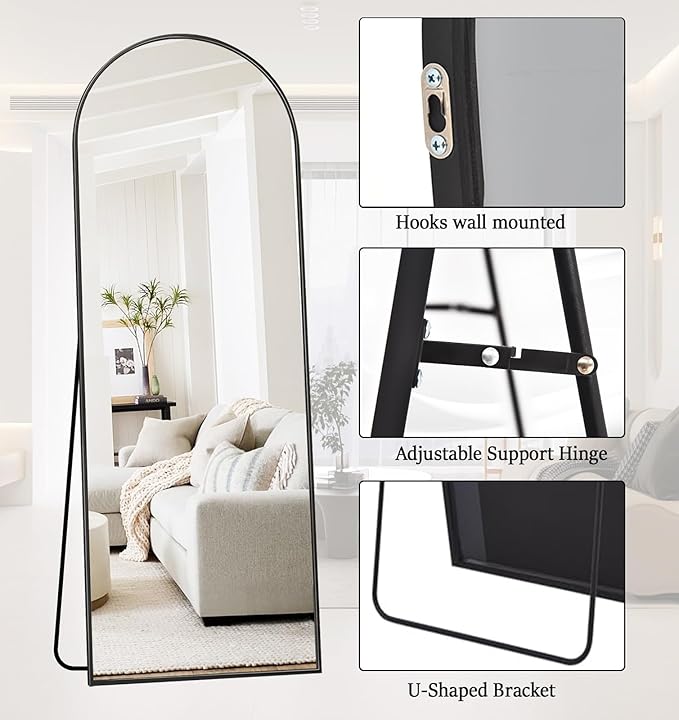 64"x21"Floor Mirror Arched Full Length Mirros, Mirror Floor Length Standing Hanging or Leaning & Large Full Body & Wall Mirror for Bedroom, Living Room, Aluminum Frame, Black