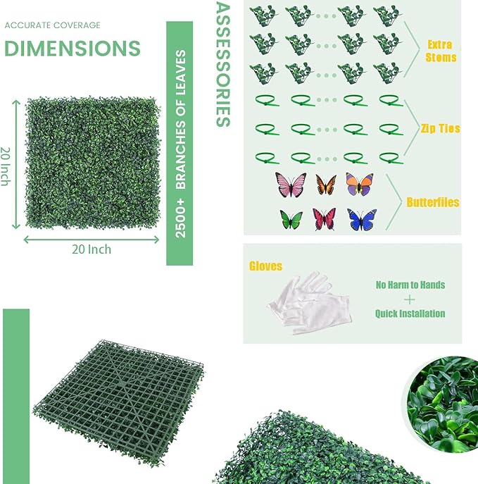 20''x20'' 24 Pieces (66.6 Sq.Ft) Artificial Hedge Boxwood Panels UV Protected Faux Topiary Grass Wall Panels Green Greenery Hedge Plants Backdrop for Indoor Outdoor Garden Backyard Patio