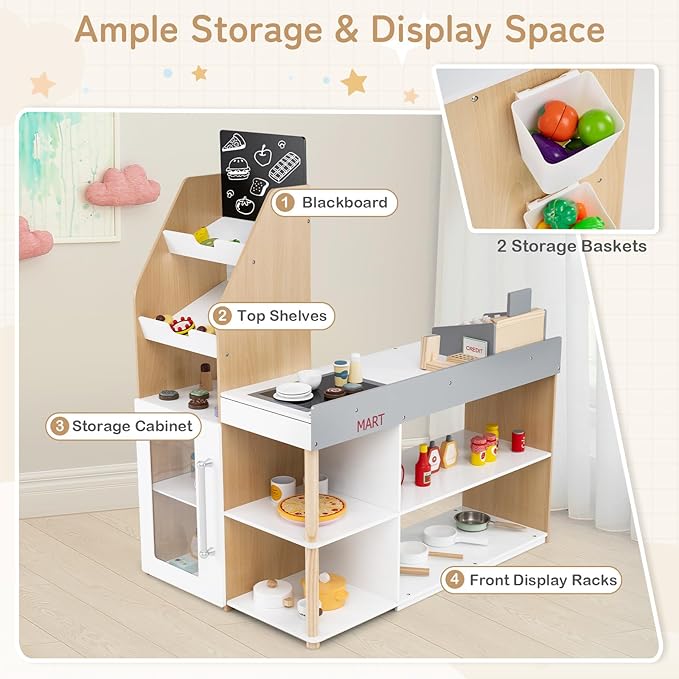 HONEY JOY Kids Grocery Store Playset, Wooden Grocery Store Pretend Play w/Cart, Cash Register Stand w/Coins, Chalkboard, Toddler Supermarket Play Toy for Boys Girls(Play Food Not Included)