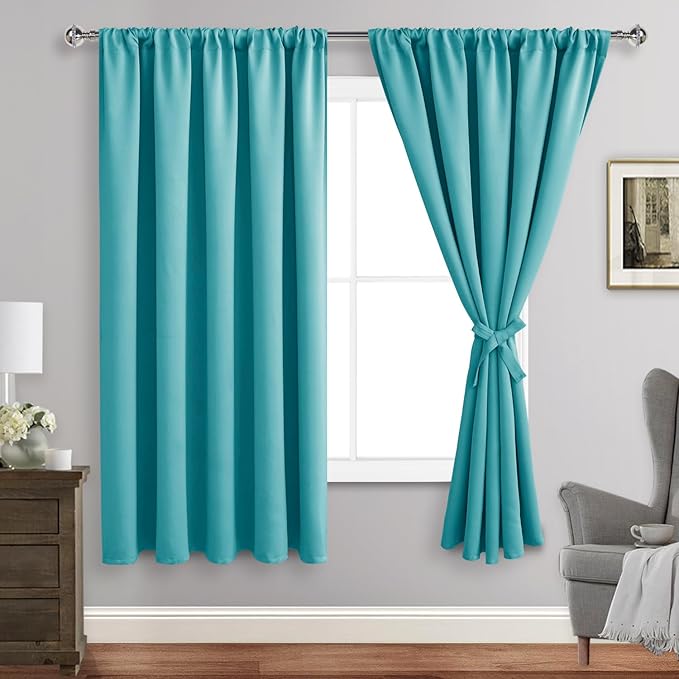 JIUZHEN Blackout Curtains for Bedroom - Thermal Insulated Room Darkening Noise Reducing, 70 x 63 Inch Length Curtains for Living Room, Set of 2 Panels with Tiebacks,Turquoise