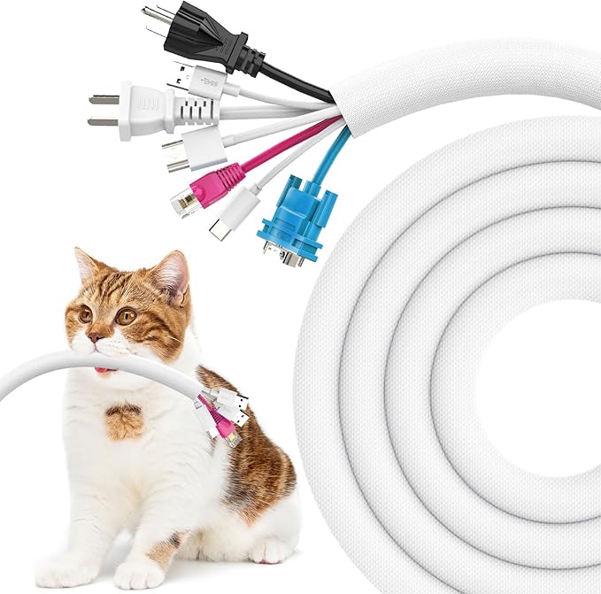 Dog and Cat Cord Protector 10ft - 1inch, Flexible Cable Sleeve for Easy Cord Management, Protects Cables from Pets Chewing, Ideal for USB, Power, Audio and Video Cords - White