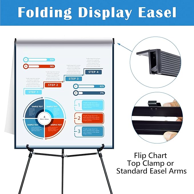Falling in Art Aluminum Flip Chart Display Easel Stand with Adjustable Floor for Boardroom, Whiteboard, Paper Pads, Signage, 63 1/2'' High, Black,2 Pack