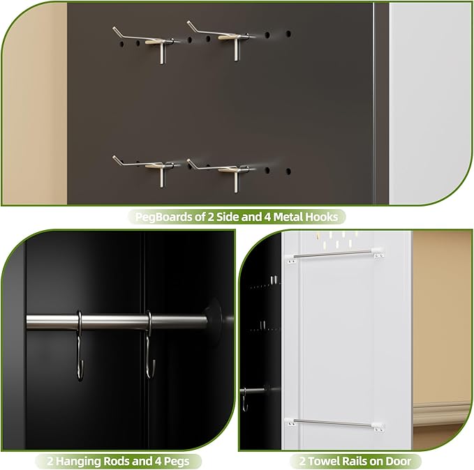 Aobabo 72" H Broom Closet Storage Cabinet, Lockable Metal Cleaning Storage Cabinet with Hooks for Home, Assembly Required Black Gray