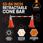 Retractable Barrier for Safety Traffic Cones - 2" OD - Large Yellow and Black Bar Barricade - for Road Construction, Parking, Warning, Temporary Security Divider (720, Orange & White, 53" x 84")