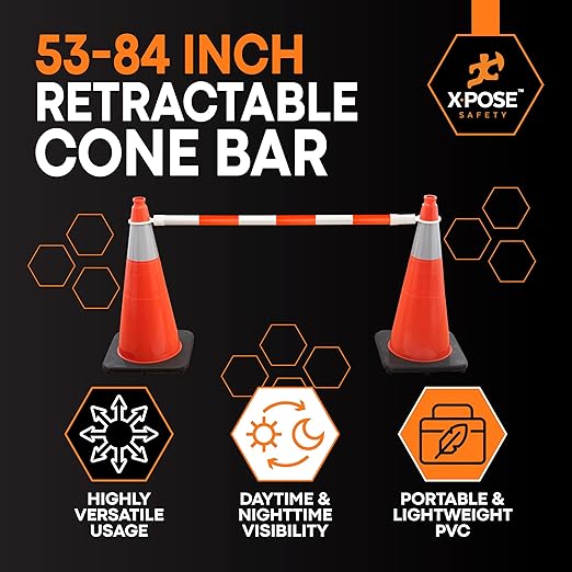 Retractable Barrier for Safety Traffic Cones - 2" OD - Large Yellow and Black Bar Barricade - for Road Construction, Parking, Warning, Temporary Security Divider (80, Orange & White, 53" x 84")