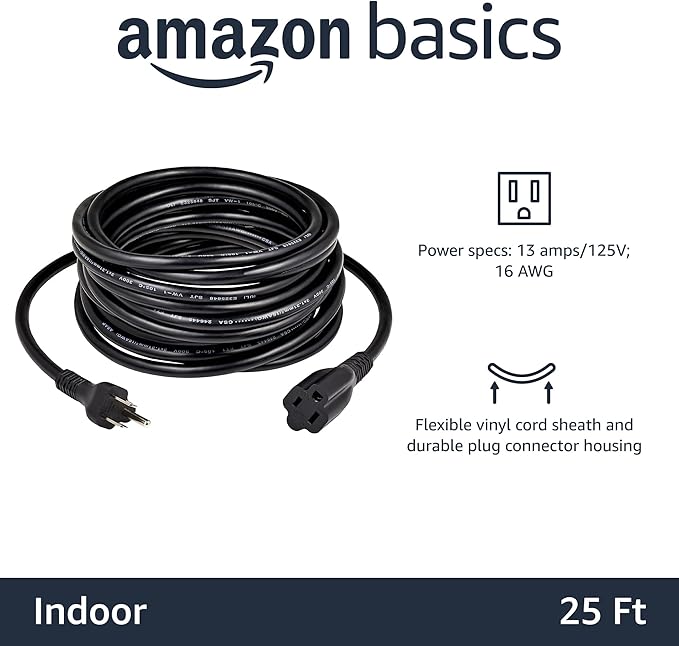 Amazon Basics Extension Cord, 13 Amps, 125V, 25 Foot, Black - Pack of 2