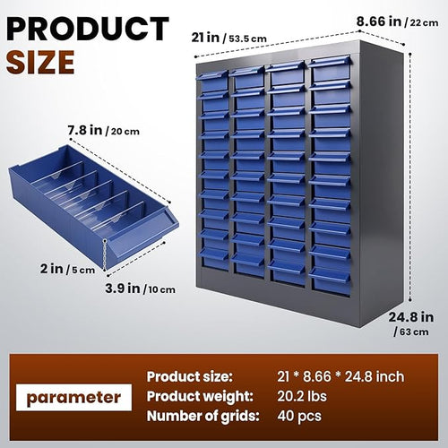 100 Drawer Nut and Bolt Organizer, 21" L X 9" W X 25" H Part Cabinet Bolt and Nut Tool Storage, SPCC Material Bolt Organizer Storage with Shelf and Label for Shop (40 Drawers)
