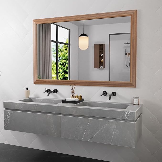Amorho Bathroom Mirror for Wall, 48 X30 Inch Walnut Wood Grain Metal Framed Mirror, Anti-Rust, Hang Horizontally/Vertically, Suitable for Vanity, Bedroom, Farmhouse, Bathroom