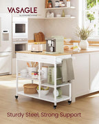 VASAGLE Kitchen Rolling Island, Mobile Kitchen Cart with Storage on Wheels, 17.7 x 38.8 x 35.4 Inches, Towel Rack, 2 Drawers, 2 Hooks, for Dining Room, Oak Beige and Matte White UKKI010Y01