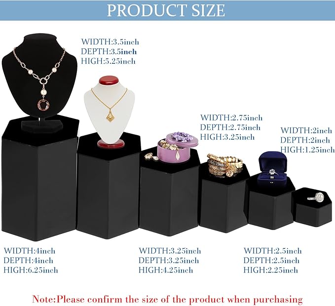 Jetec Hexagonal Jewelry Display Risers Hexagonal Market Display Risers Stands Acrylic Showcase Acrylic Stand for Jewelry Model Figures Decoration, 6 Sizes(Black,12 Pieces)