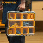 POWERTEC Small Parts Organizer & Tool Box – 10 Compartments, IP65 Water & Dust Protection, Stackable Storage with Interlocking Latch, Removable Tray, Clear Lid, Portable Design, 2-Pack (72365-P2)