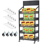 1 Set Retail Display Rack Shelf Cart with Wheels and Hook Heavy-Duty Metal Snack Potato Chip Display Organizer Concession Stand for Supermarket Grocery Store Home Black (5 Tier 15 Hooks)
