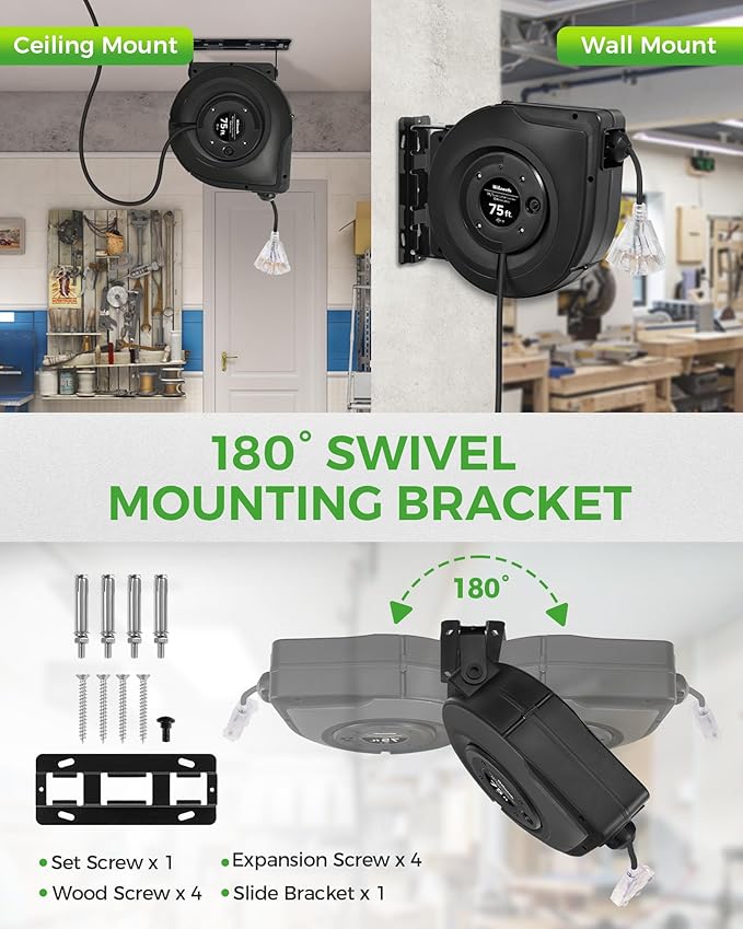 Retractable Cord Reel, 75 FT Heavy Duty Extension Cord, 14AWG/3C SJTOW, 3 Grounded Outlets Lighted Triple Tap, 10A Circuit Breaker, Wall/Ceiling Mounted, UL Listed, Black H75CR06