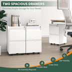 2 Drawer File Cabinet with Lock,Under Desk Rolling Small Filing Cabinet for Home Office Storage, Mobile Steel Cabinets with Wheels, Fully Assembled, White
