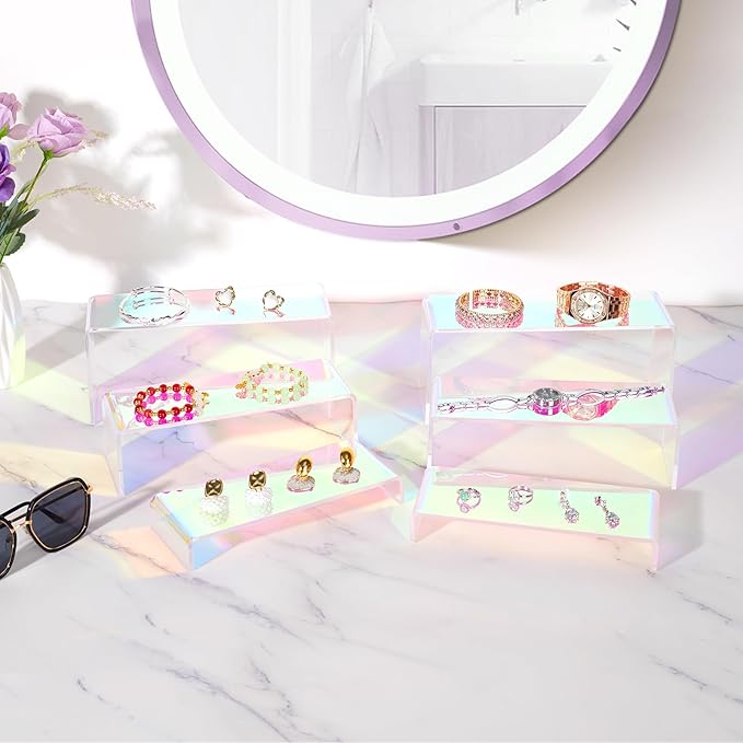 Iridescent Acrylic Display Risers, 6pcs Rainbow Display Stand Rectangular Stands Showcase Transparent Display Shelf for Dessert Cupcake Collectibles Figures Jewelry Perfume Christmas Decor