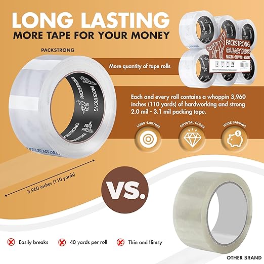 Packstrong Industrial Grade Clear Packing Tape 36 Rolls - Extra Strong - 110 Yards per Roll - 2" Wide x 3.1 mil Thick, Acrylic Adhesive Heavy Duty Tape