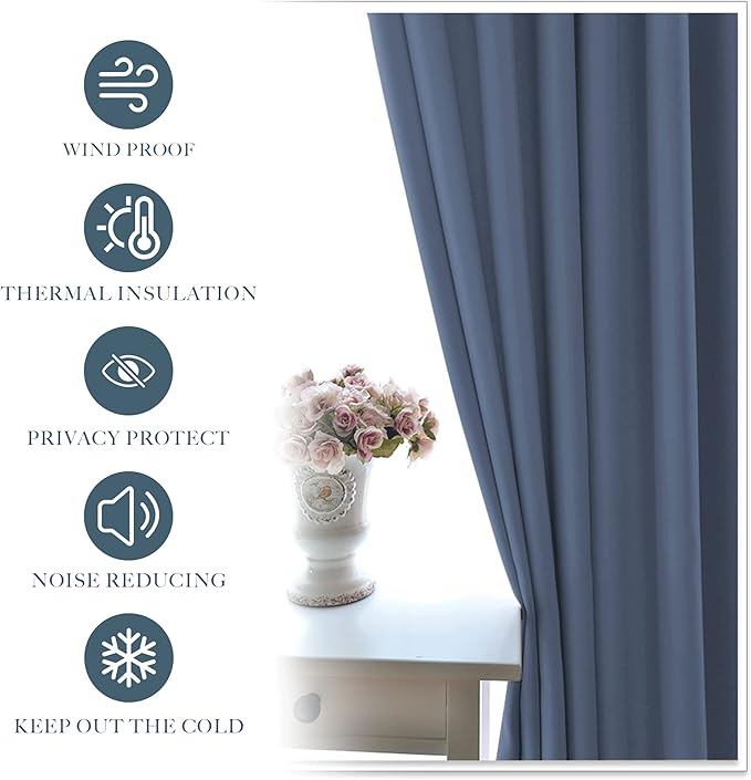 PONY DANCE Bedroom Curtains Drapes - Blackout Panels Home Fashion Solid Rod Pocket Curtain Blinds Home Decor Thermal Insulated Light Block, Wide 42 x Long 63 inches, Blue Haze, 1 Pair