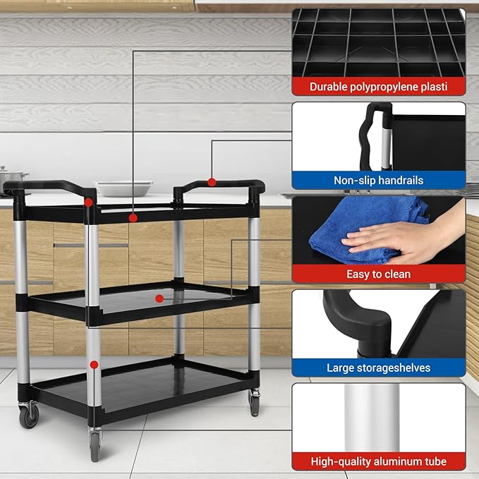 Service Cart 3 Shelf, Plastic Heavy Duty 3-Tier Utility Cart with Wheels, Rolling Utility/Push Cart for Foodservice/Commercial/Restaurant/Office/Warehouse/Kitchen/Hotel