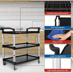 Service Cart 3 Shelf, Plastic Heavy Duty 3-Tier Utility Cart with Wheels, Rolling Utility/Push Cart for Foodservice/Commercial/Restaurant/Office/Warehouse/Kitchen/Hotel