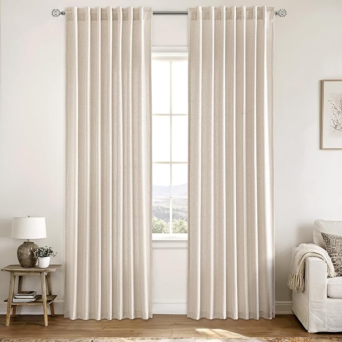 MIULEE Non-See-Through Privacy Linen Curtains 2 Panels, Light Filtering Window Curtains Farn House Textured Back Tab Semi Sheer Drapes for Bedroom Living Room, 52 x 84 Inches Long, Birch