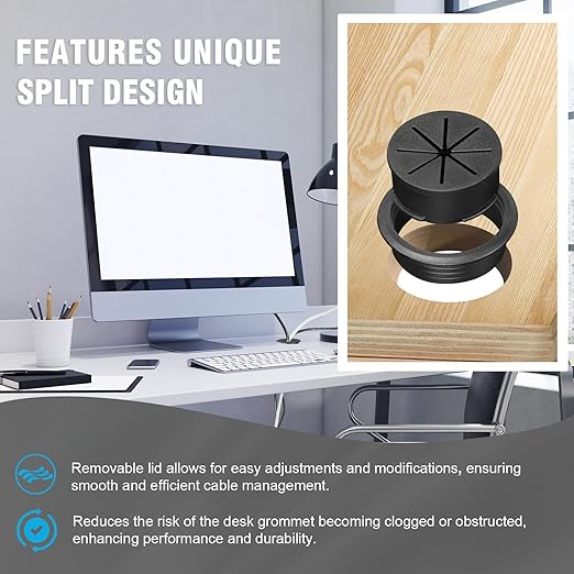 2" Black Desk Grommet, JTemgle Flexible Cable Grommet with Bi-Metal Hole Saw Plastic Cable Hole Cover Wire Organizer Caps Desktop Cord Management for Home Office TV Stands Tabletops, 7 Pieces