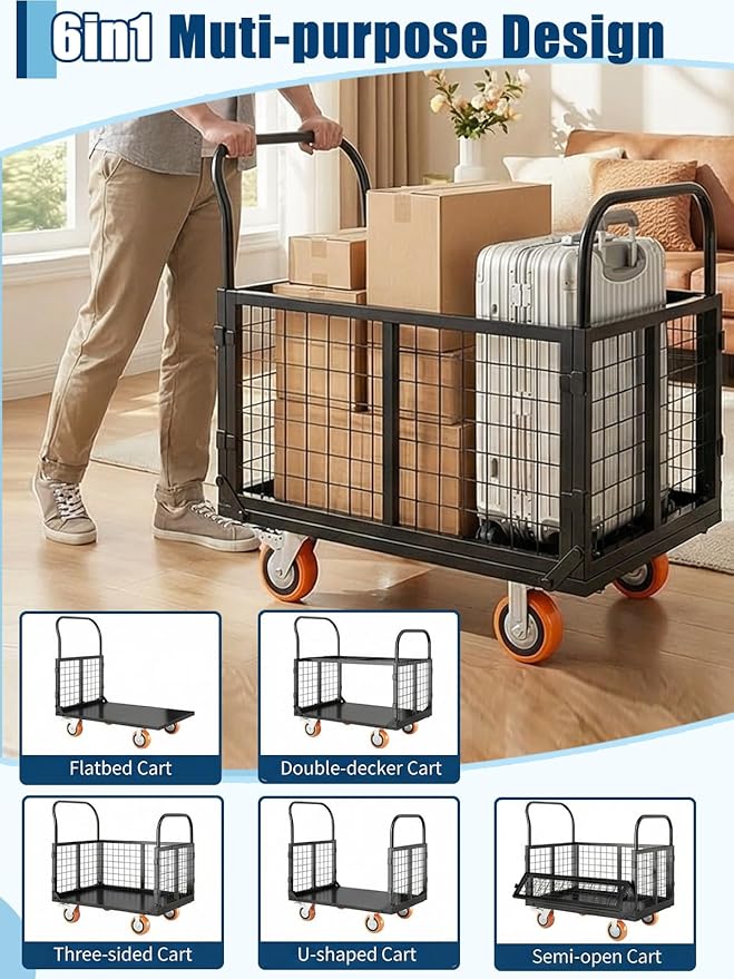 6-in-1 Platform Truck Cart with Cage, Foldable Hand Truck Load 1800 LBS with 4 Wheels Push Cart Dolly for Grocery, Laundry, Garage, Warehouse (Black+Orange)