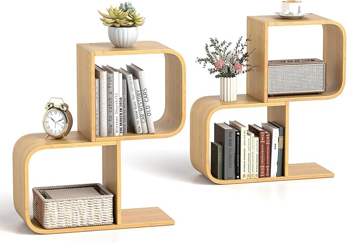 Giantex S-Shaped Bookcase Set of 2, 2-Tier Bamboo Bookshelf with 2 Open Cubes, Geometric Corner Display Shelf, Decorative Storage Organizer, Floor Storage Rack for Living Room, Home Office, Natural