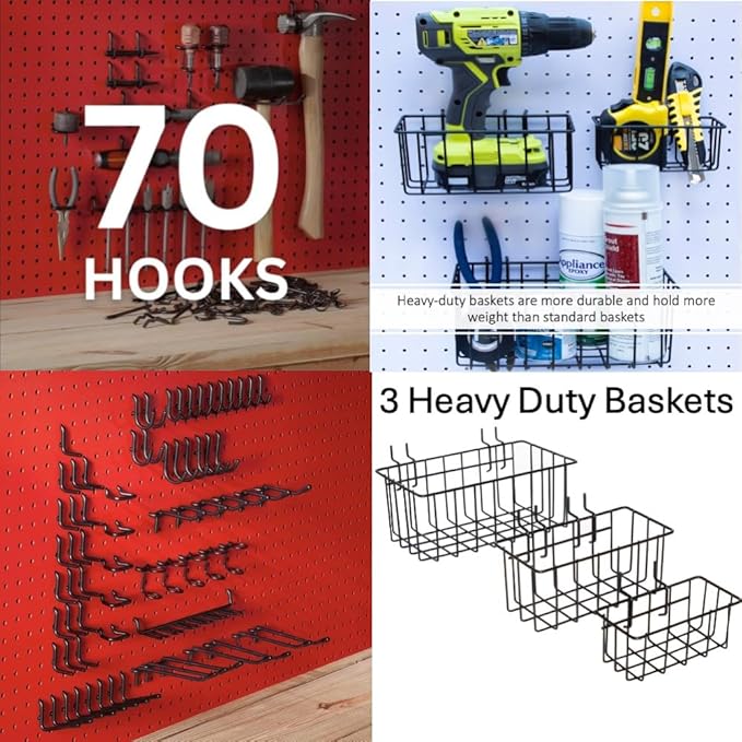 Heavy Duty Black Pegboard Hooks and Baskets for Hanging Tools, 73 Pieces 1/4'' Peg Board Accessories Peg Hooks and Bins, Peg Board Attachments for Organizing Tools Garage Kitchen Bathroom Craft Room