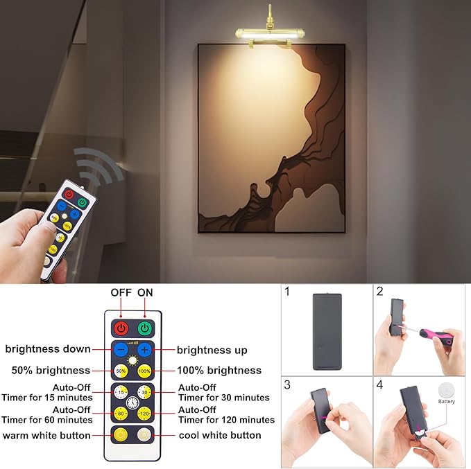 HONWELL Painting Lights Cordless, Dartboard Light with Remote, Rechargeable Picture Light, Picture Frame Lights with 3 Modes 28 LEDs Rotate Head, 360° Flexible Neck,Clip on Display Light for Artwork