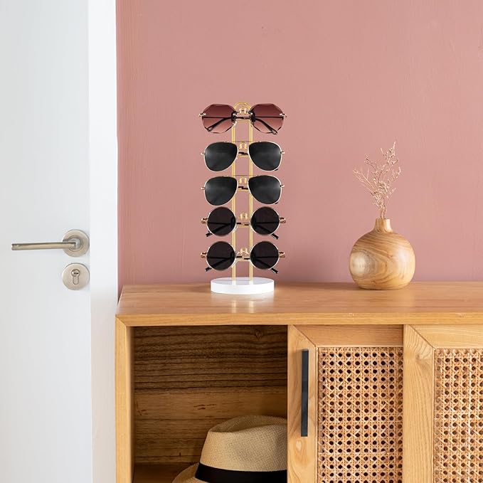 Mkono Sunglasses Organizer Glasses Holder Stand Sunglass Storage Eyeglasses Rack Metal Frame with Wood Base for 5 Pairs of Eyewear Display for Table Desk Countertop Dresser Bedroom, Set of 2, Gold