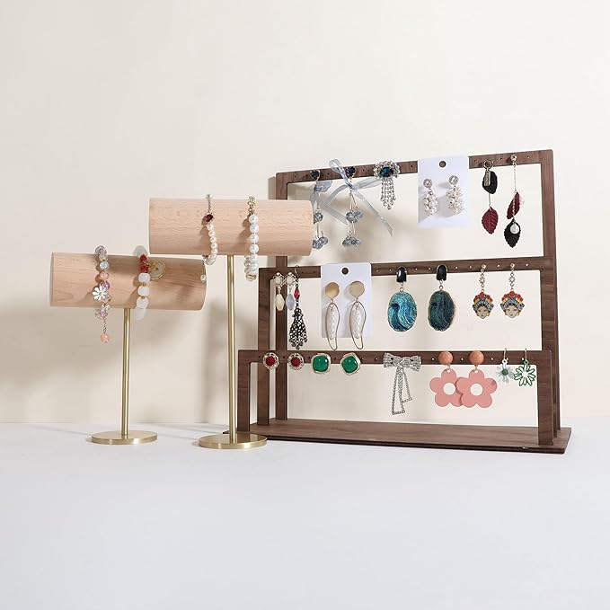 GemeShou Wood Bracelet Display Holder, White Jewelry watch organizer for selling, Retail Bangle Rack T Bar Stand Photo props【Beech Brass Bracelet Holder-High】