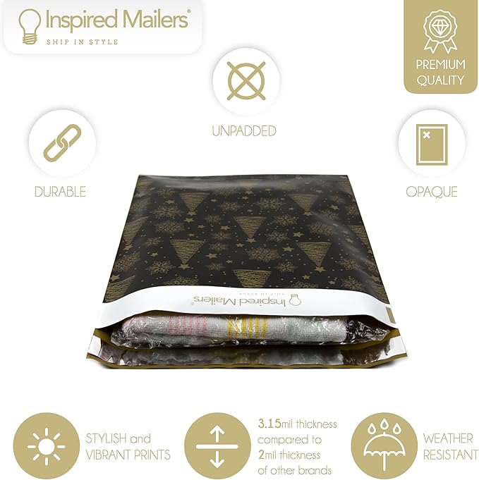 Inspired Mailers - Christmas Poly Mailers 10x13 Holiday Variety Pack of 30-10 each: Trees & Snowflakes, Rose Gold Trees, Gold Snowflake Baubles (10x13, 30 Pack)
