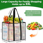 4 Pack Reusable Grocery Bags, Heavy-Duty Shopping Bags with Sturdy Handles, Water-Resistant & Foldable Organizer, Shopping Bags for Groceries, Market, Car Trunk, Multi-Purpose, 33L