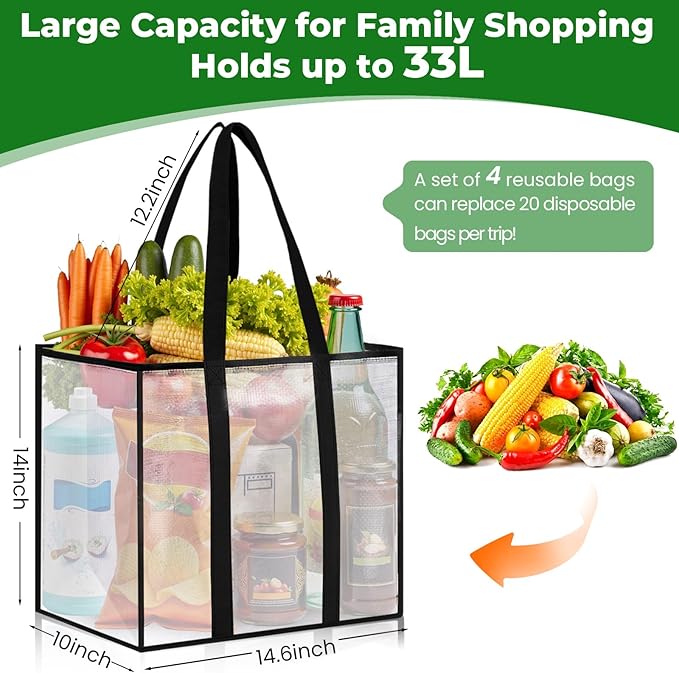 4 Pack Reusable Grocery Bags, Heavy-Duty Shopping Bags with Sturdy Handles, Water-Resistant & Foldable Organizer, Shopping Bags for Groceries, Market, Car Trunk, Multi-Purpose, 33L