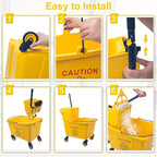 Kefanta 35 Qt Side Press Wringer Combo Commercial Mop Bucket on Wheels Set,Yellow,Include 1 Heavy Duty Industrial Mop for Floor Cleaning and Wet Floor Caution Sign