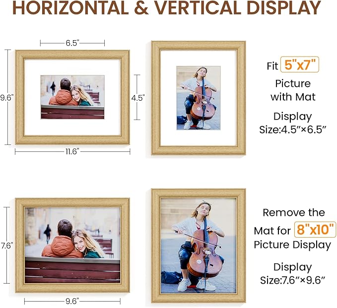 Natural Oak 8x10 Picture Frames Mat to 5x7 Picture Display,Original Wood Handcrafted Photo Frame,Wooden Frame 8x10 with Tempered Glass Graduation Family Wedding Pictures Tabletop & Wall Decor